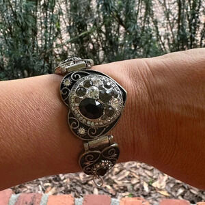 RHINESTONE Black and Silver Heart BRACELET rare unique